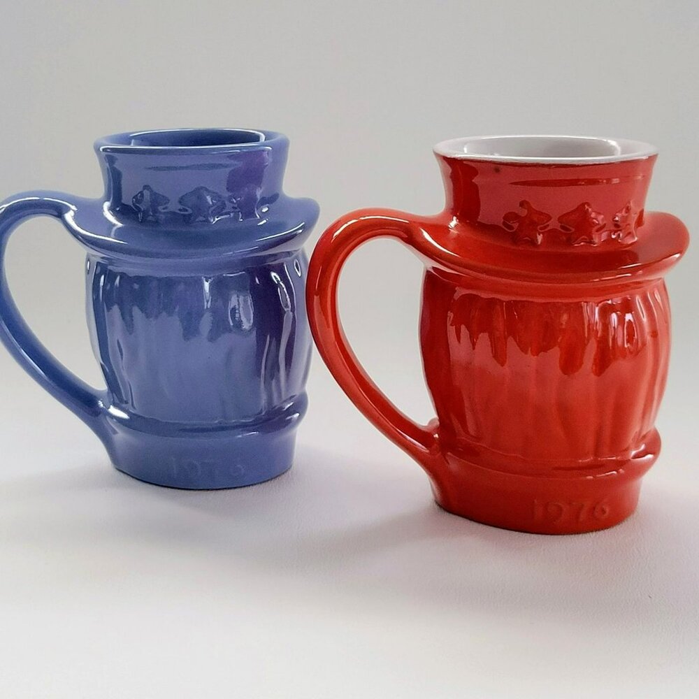 Vintage Frankoma Art Pottery Uncle Sam Mug Set of 2, Red & Blue, c.1976 USA Made - Picture 2 of 12
